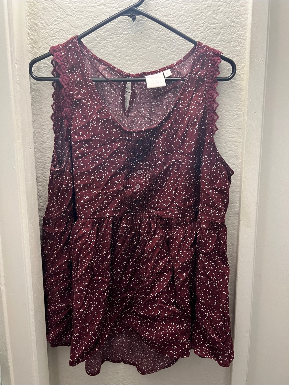 LC Lauren Conrad Burgundy Sleeveless Polka Dot Peplum Tank